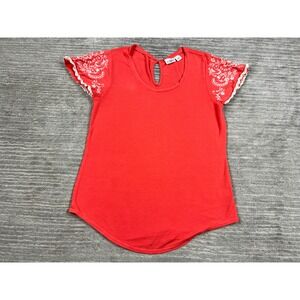 Cato Top Womens Small Red Flutter Sleeve Embroidered Keyhole Back Knit Blouse